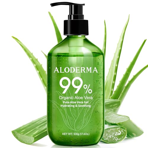 Aloderma 99% Organic Aloe Vera Gel pump shows deep hydration for dry skin.