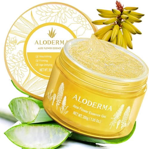 Aloderma Age-Defying gel jar closeup showing luxe gold leaf for glow
