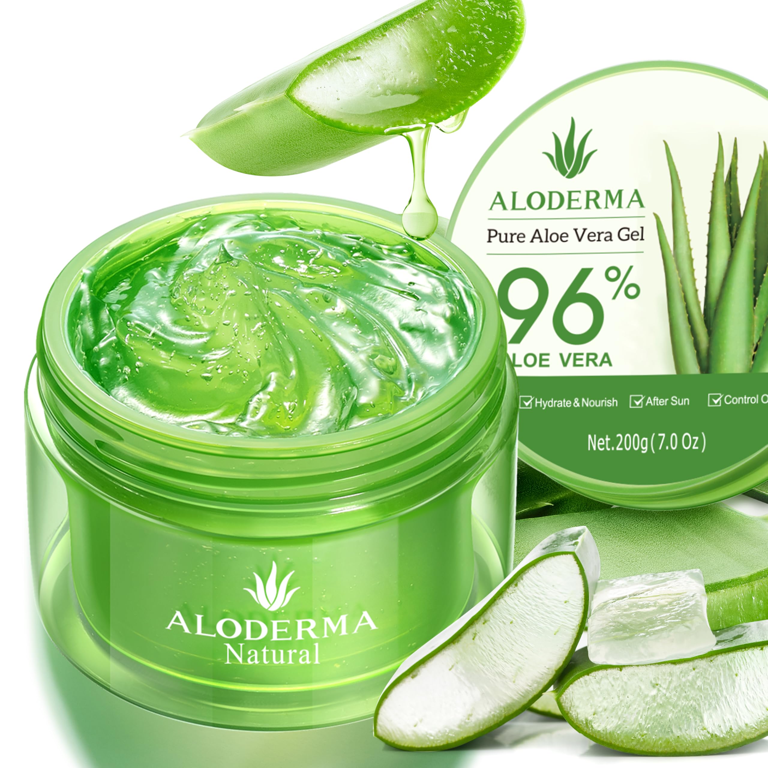 Aloderma Aloe Gel 96 Pure provides deep hydration for skin and scalp.
