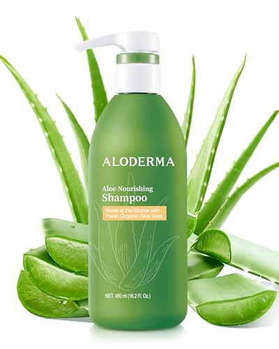 Aloderma Aloe Nourishing Shampoo bottle front highlights alcohol-free hydration for dry hair.