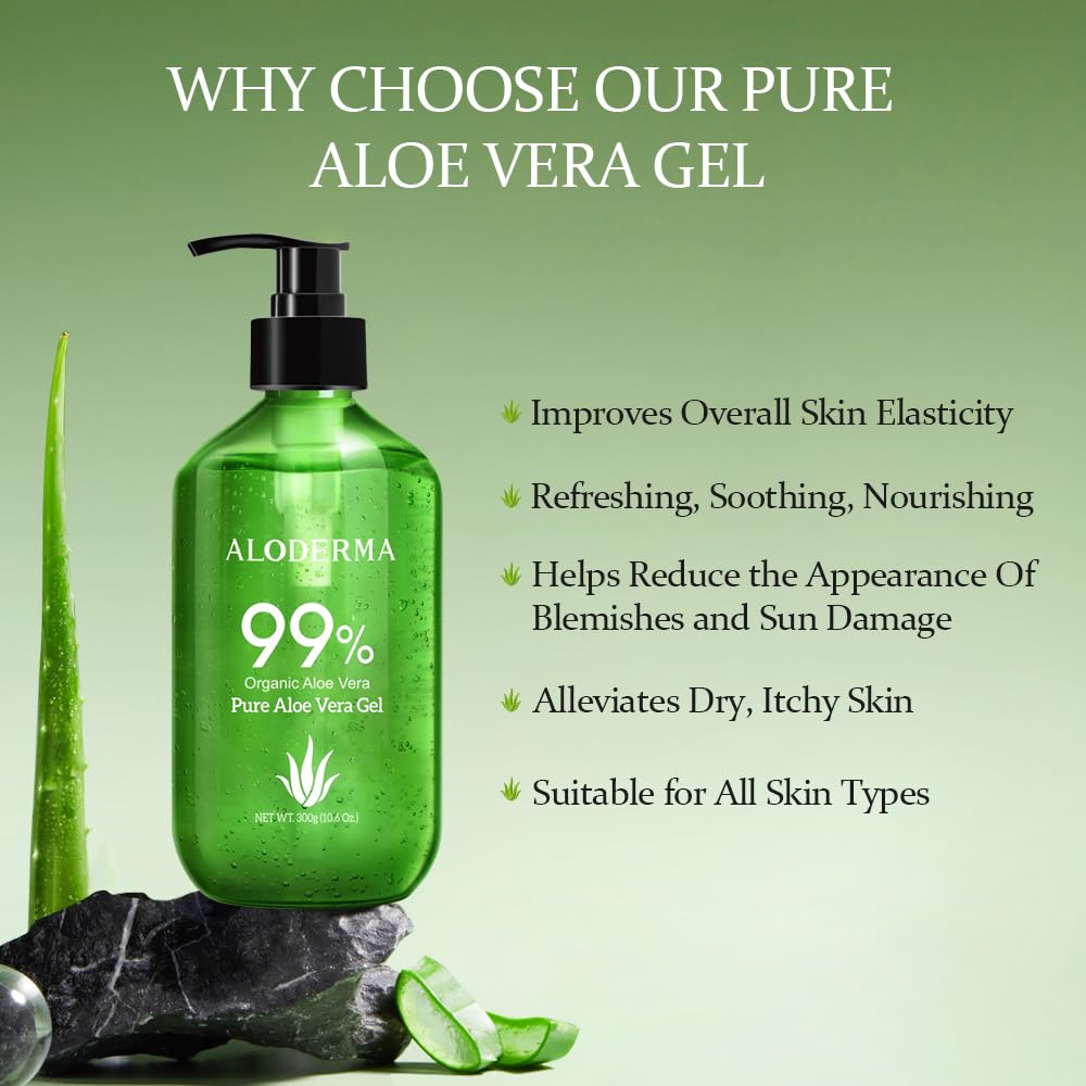 Aloderma gel on face and body used for daily hydration.