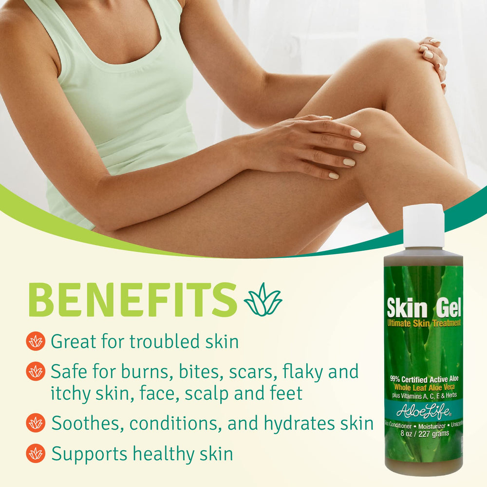 Aloe Life Skin Gel label highlights vitamins A, C, and E for skin support