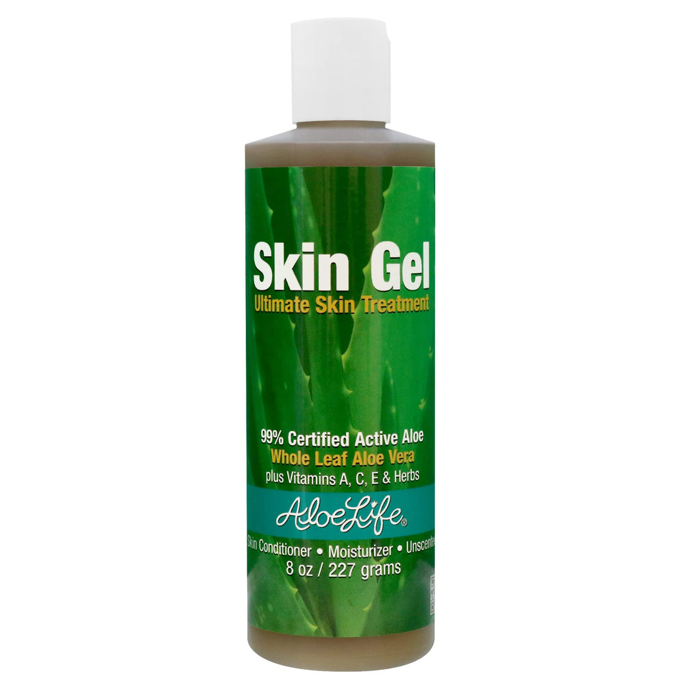 Aloe Life Skin Gel bottle applying whole-leaf aloe to moisturize skin