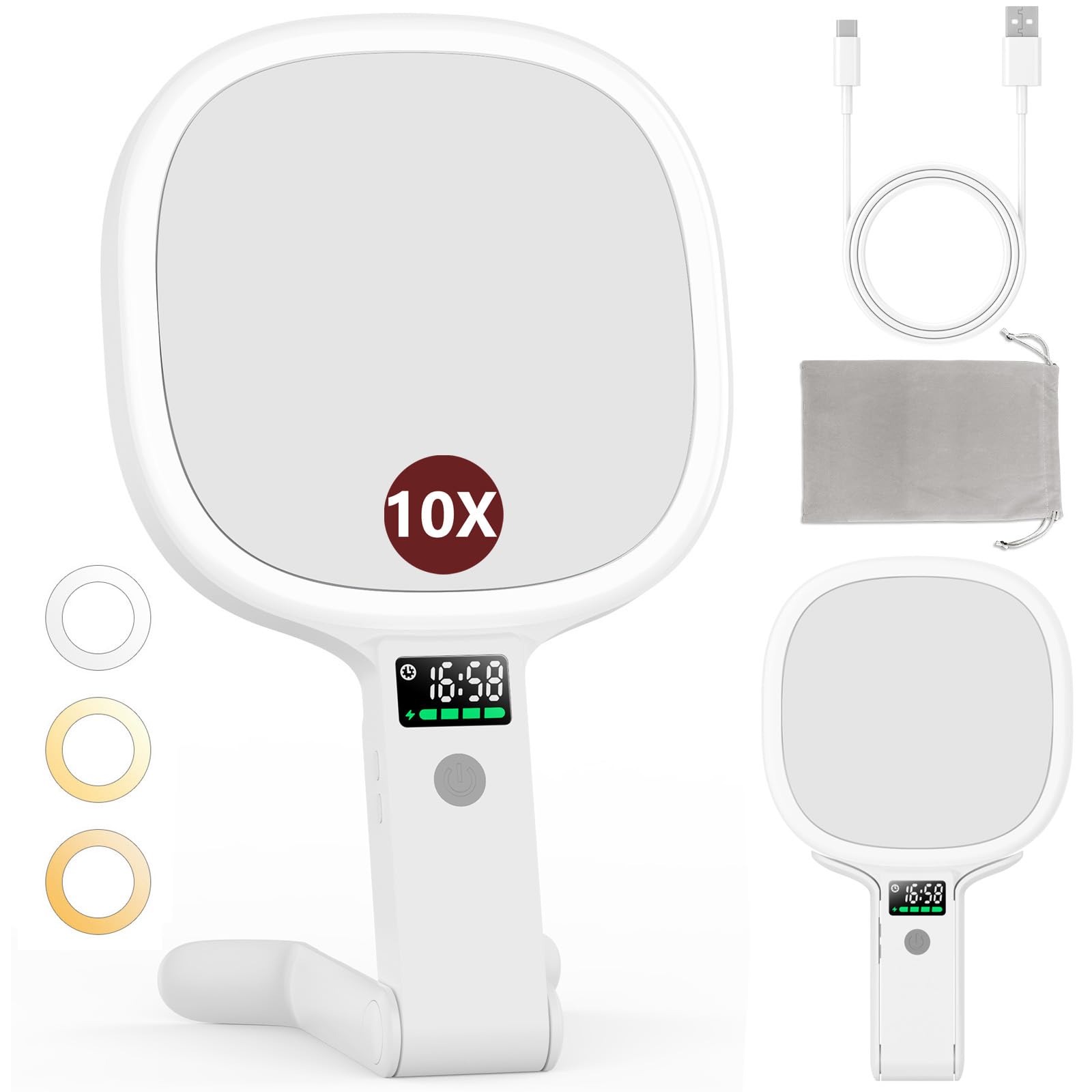 Alovely travel makeup mirror front view with adjustable lighting for precise daytime makeup.