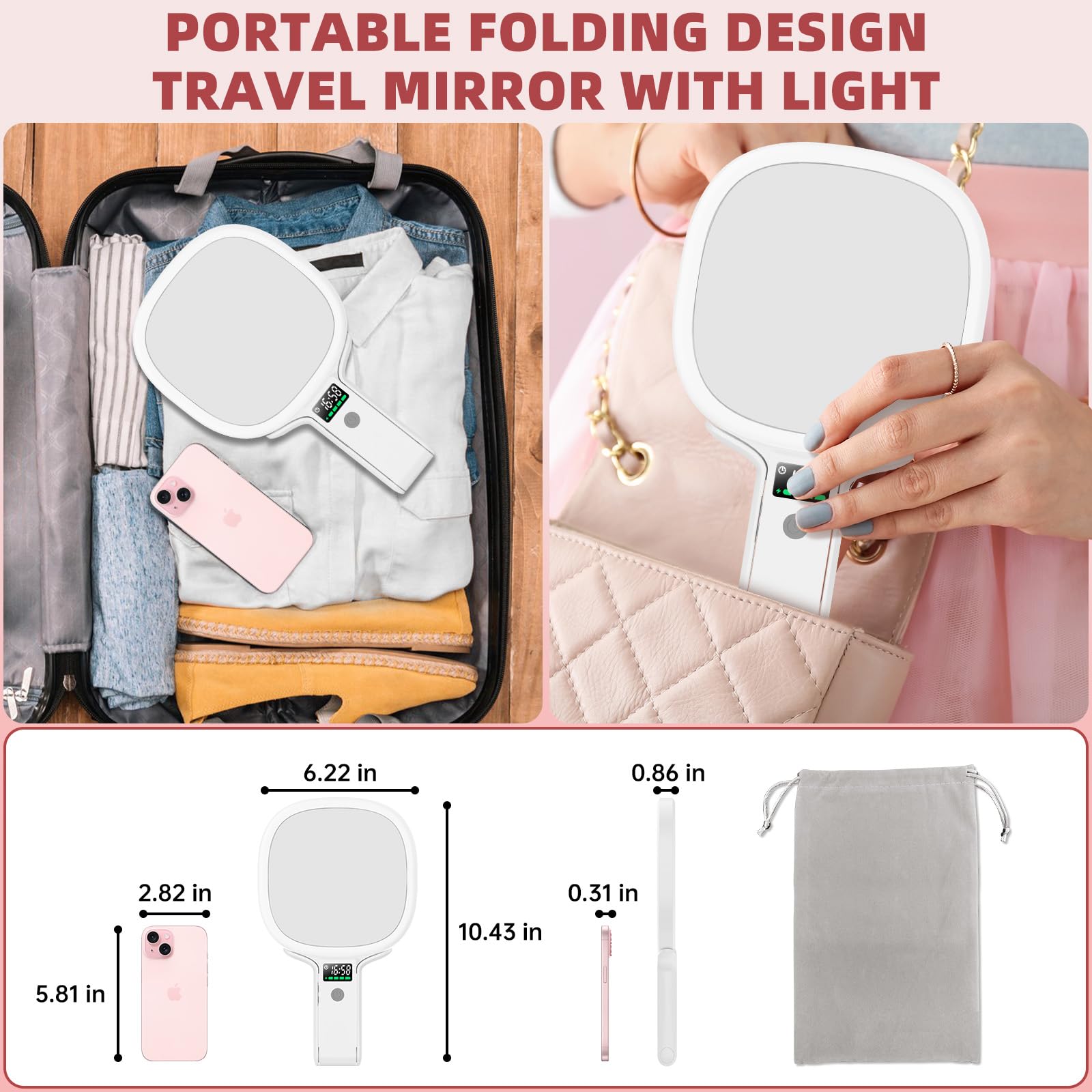 Alovely travel makeup mirror rotatable stand enables ideal angles with 350° adjustment.