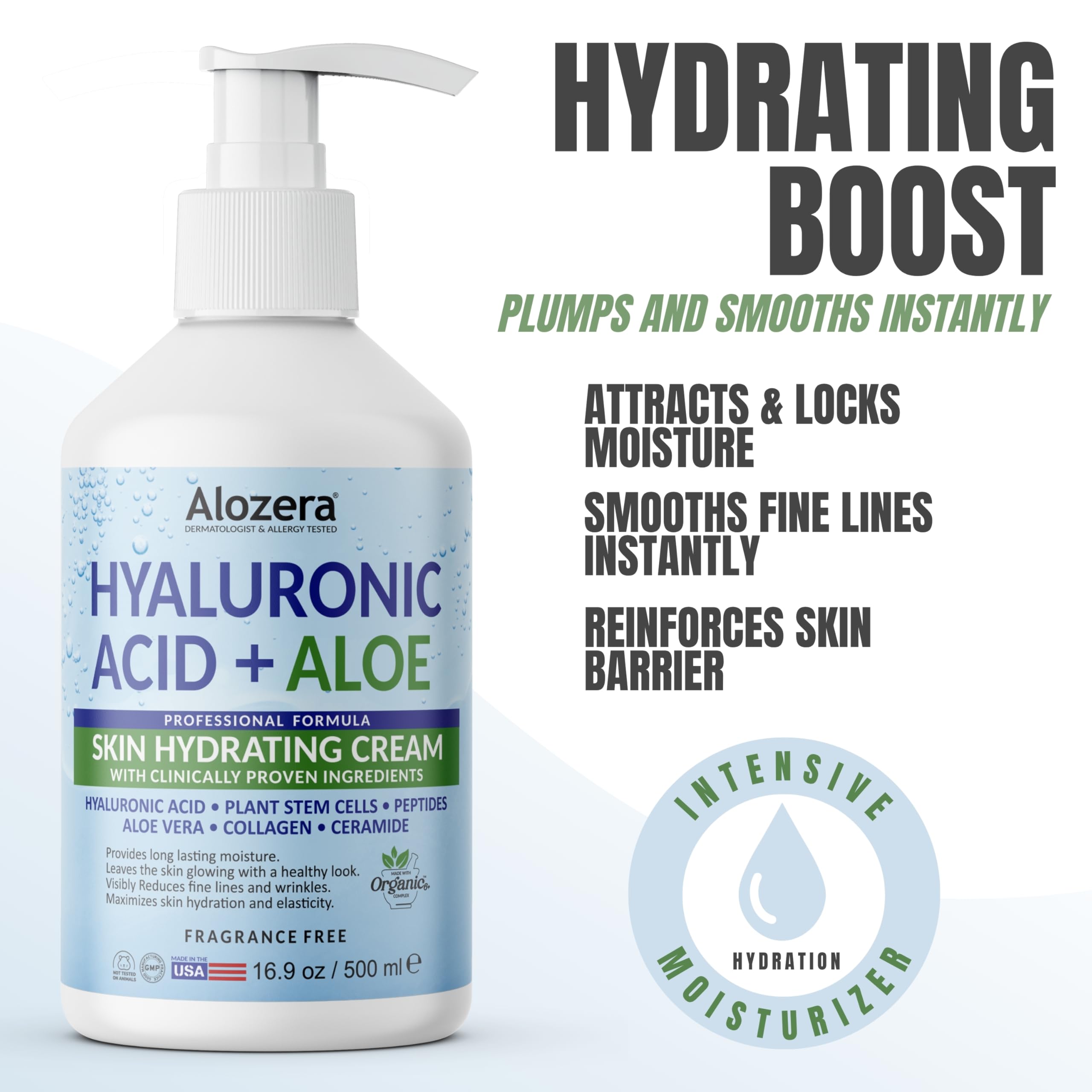 Alozera Hyaluronic Acid Body Lotion bottle demonstrates easy-to-use daily moisturizer for sensitive skin