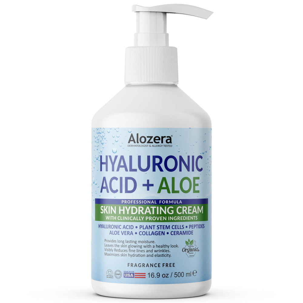 Alozera Hyaluronic Acid Body Lotion packaging highlights fragrance-free, non-greasy hydration