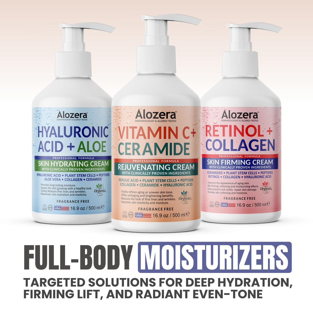 Alozera product with visible droplets suggests hydration from hyaluronic acid.