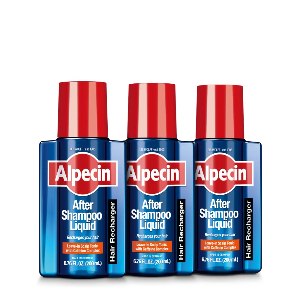 Alpecin After Shampoo liquid bottle showing hair nourishment for fuller look