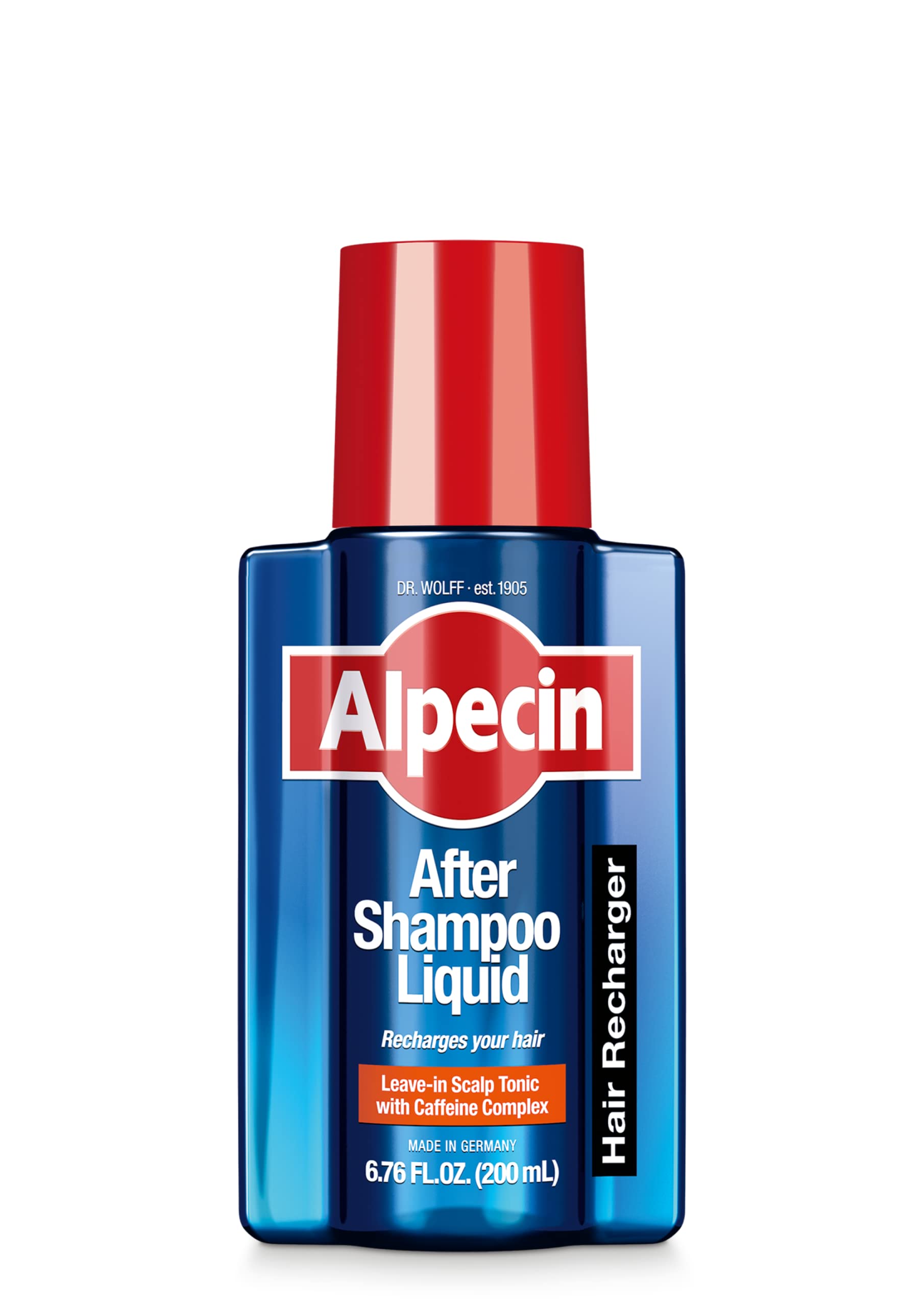 Alpecin After Shampoo liquid pour demonstrating easy application on thinning hair