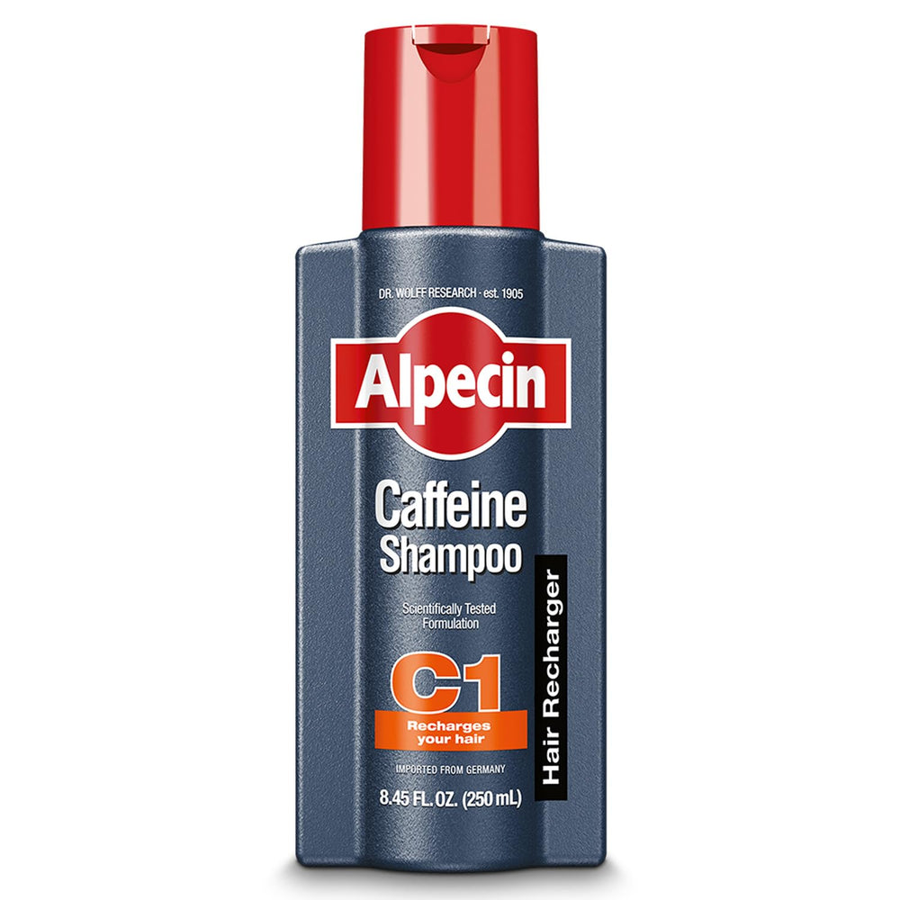 Alpecin C1 caffeine shampoo bottle—energizes scalp for a thicker feel.