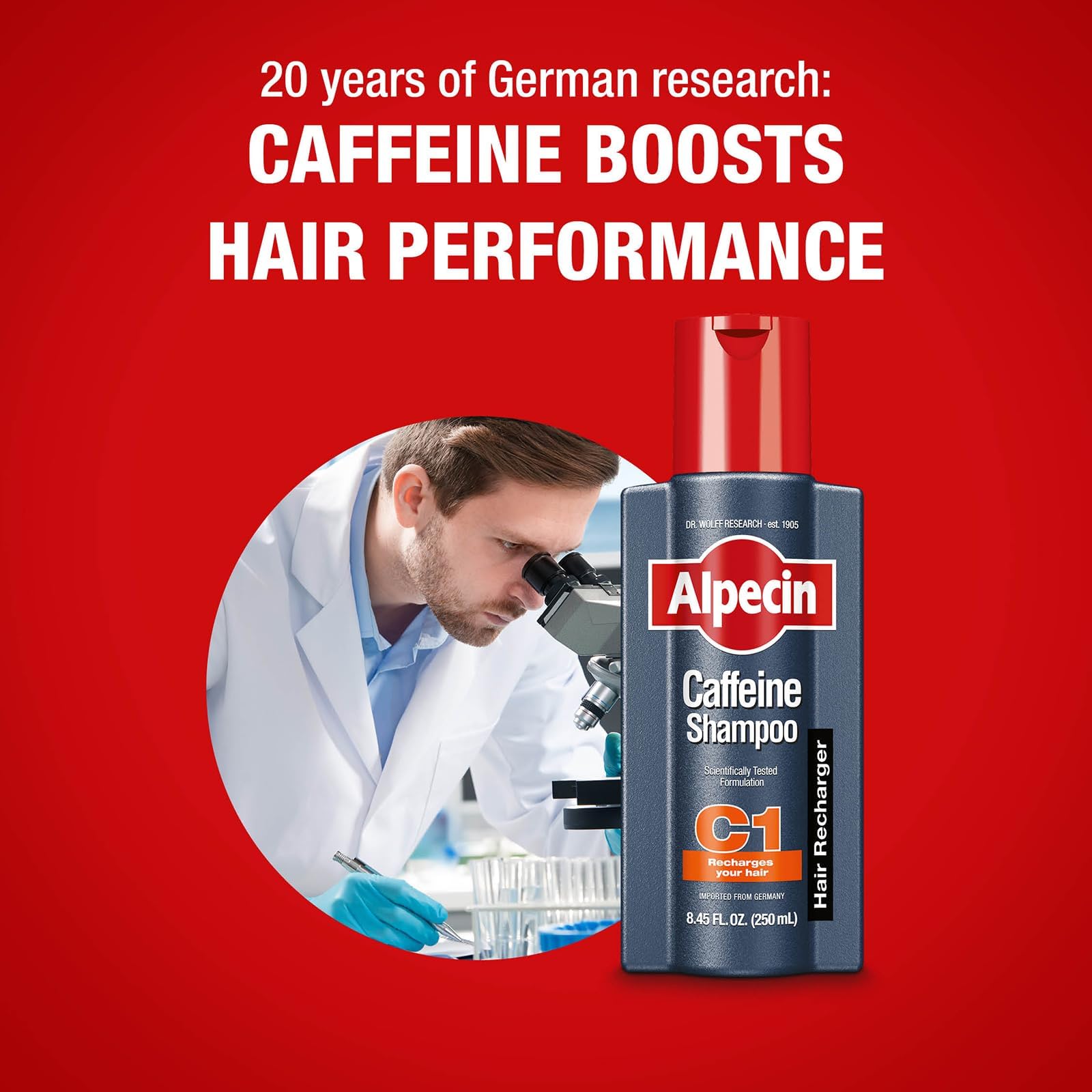 Alpecin C1 bottle in pack image supports a convenient daily-use routine