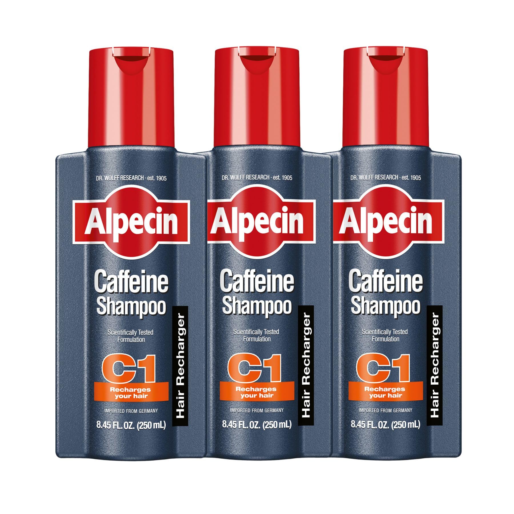 Alpecin C1 caffeine shampoo pack 3 bottle front for energizing scalp cleanse