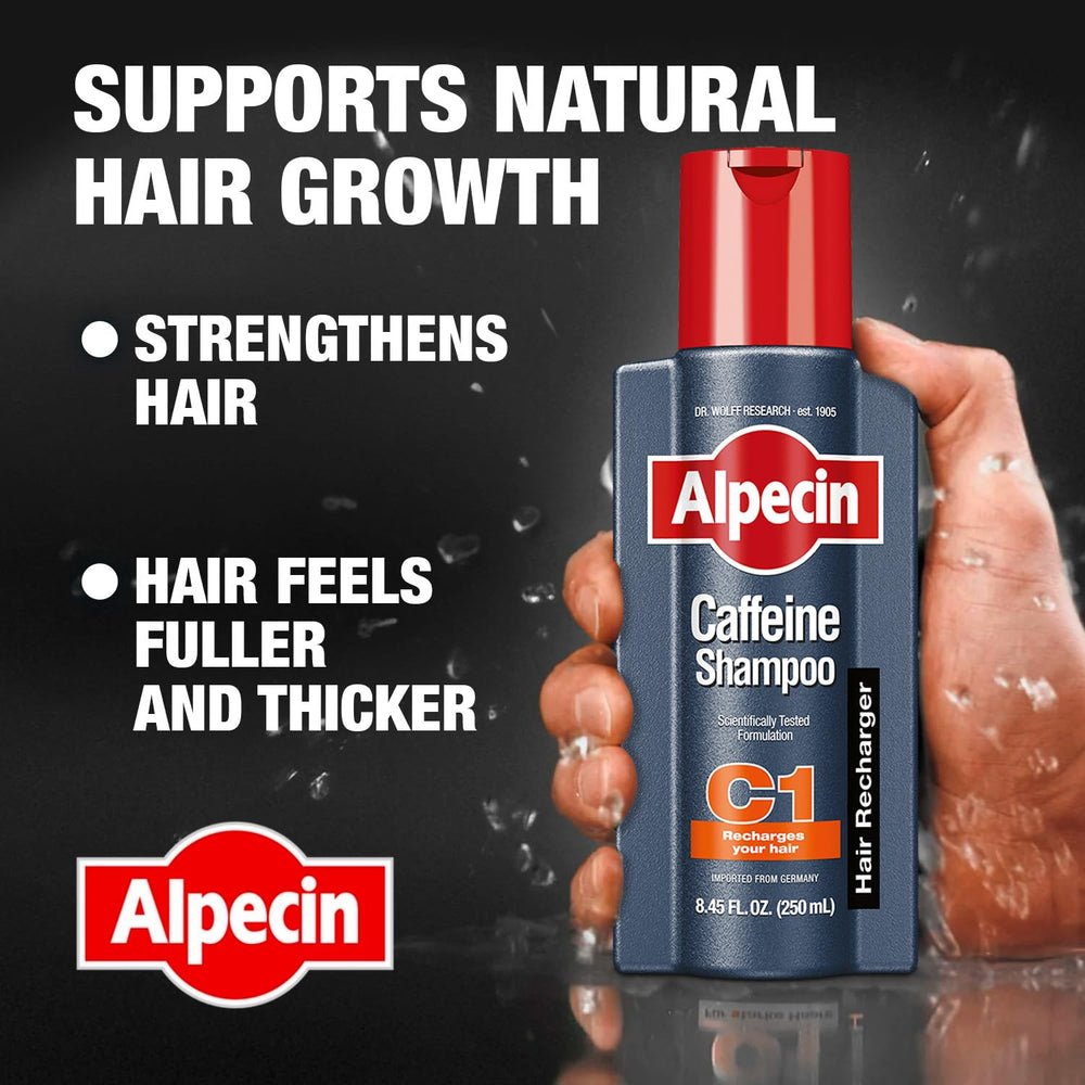Alpecin C1 caffeine shampoo pack 3 bottle side view travel-friendly routine