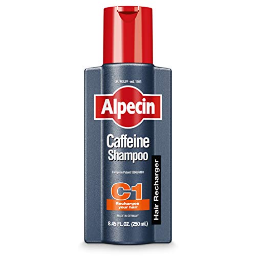 Close-up of the Alpecin C1 bottle highlighting caffeine energized scalp