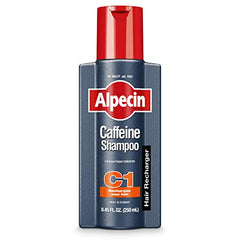 Close-up of the Alpecin C1 bottle highlighting caffeine energized scalp