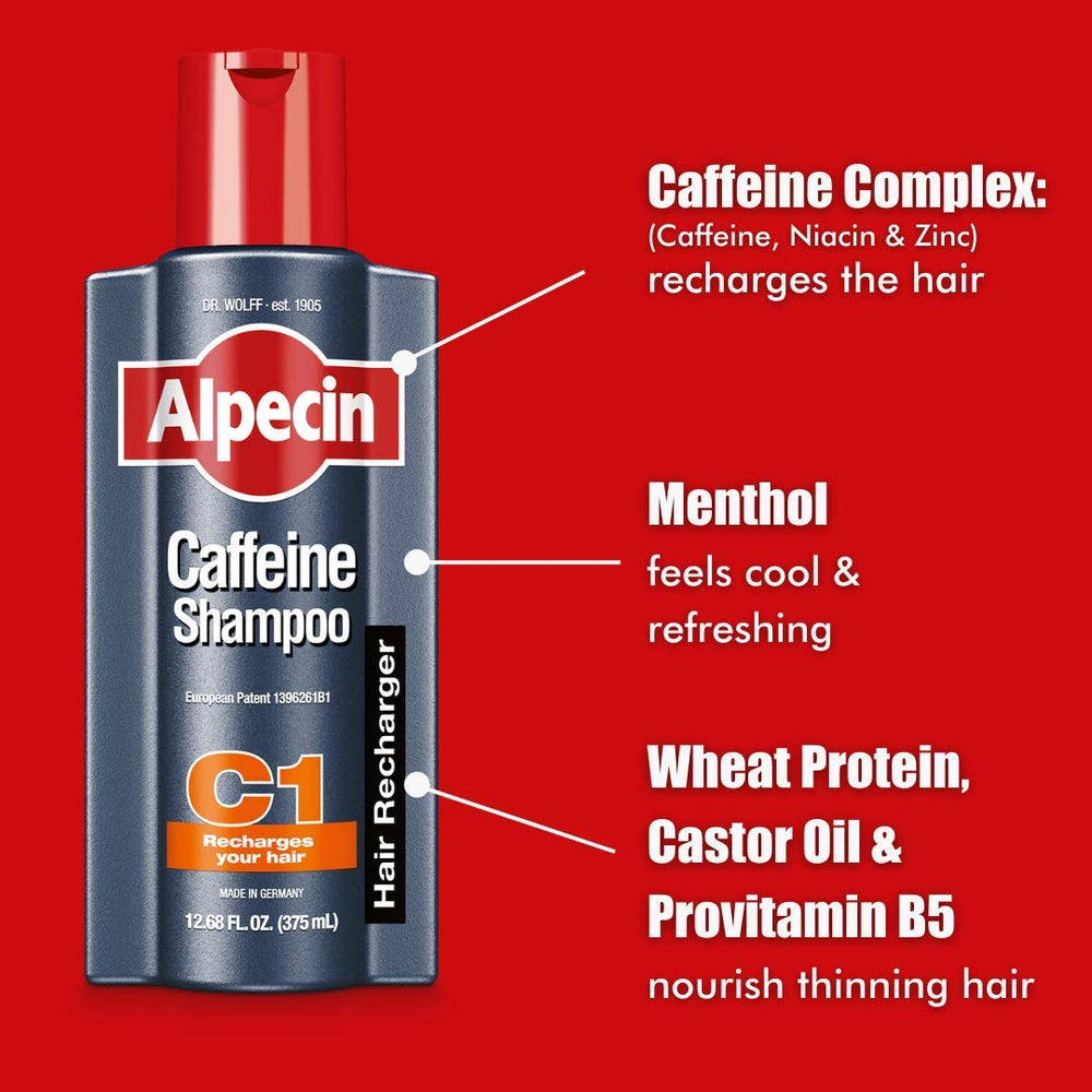 Alpecin C1 pack demonstrates daily routine for revitalized scalp and fuller look