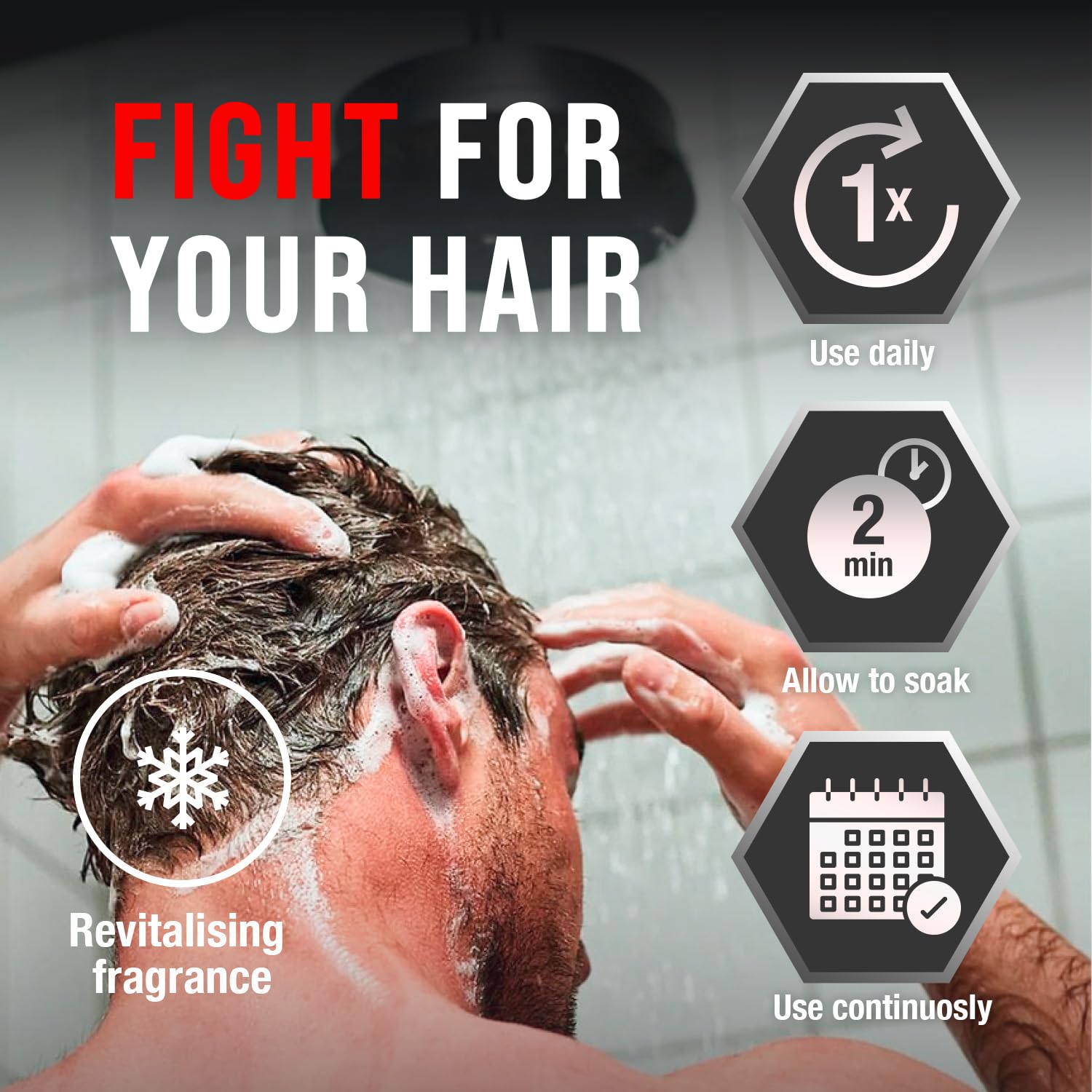 Alpecin C1 scene in shower—real-life scalp cleanse moment.