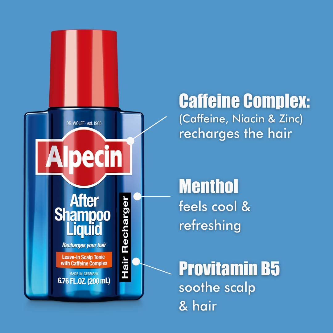 Alpecin caffeine liquid bottle close-up emphasizing caffeine support for hair