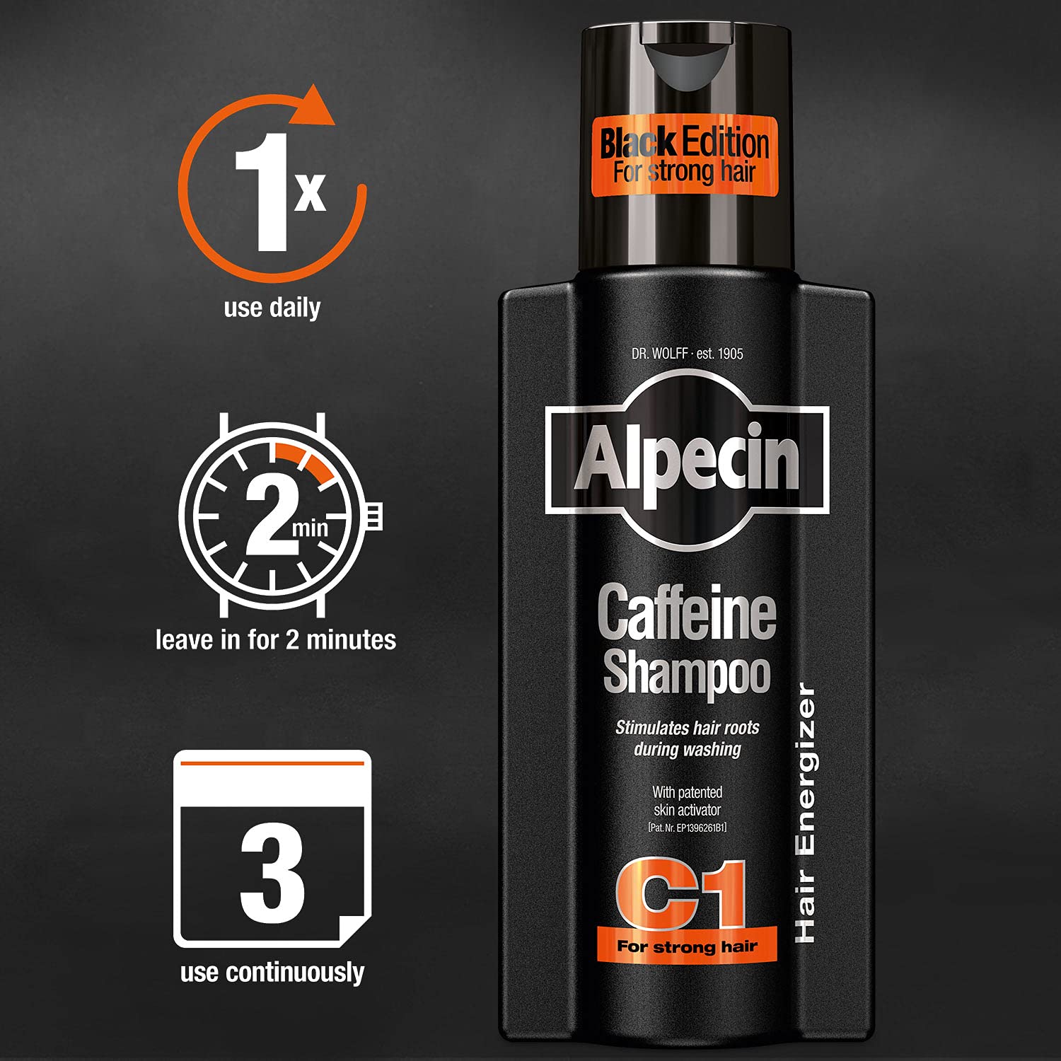 Alpecin Caffeine Shampoo C1 Black Edition bathroom scene—neatly fits into routine.