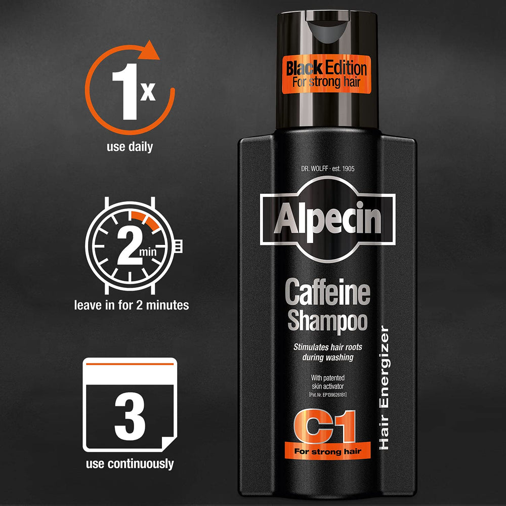 Alpecin Caffeine Shampoo C1 Black Edition bathroom scene—neatly fits into routine.