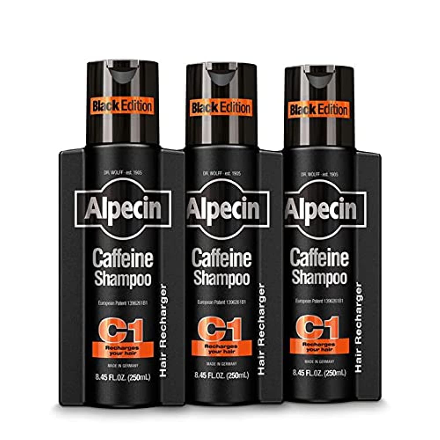 Alpecin Caffeine Shampoo C1 Black Edition bottle-front for energizing scalp care.