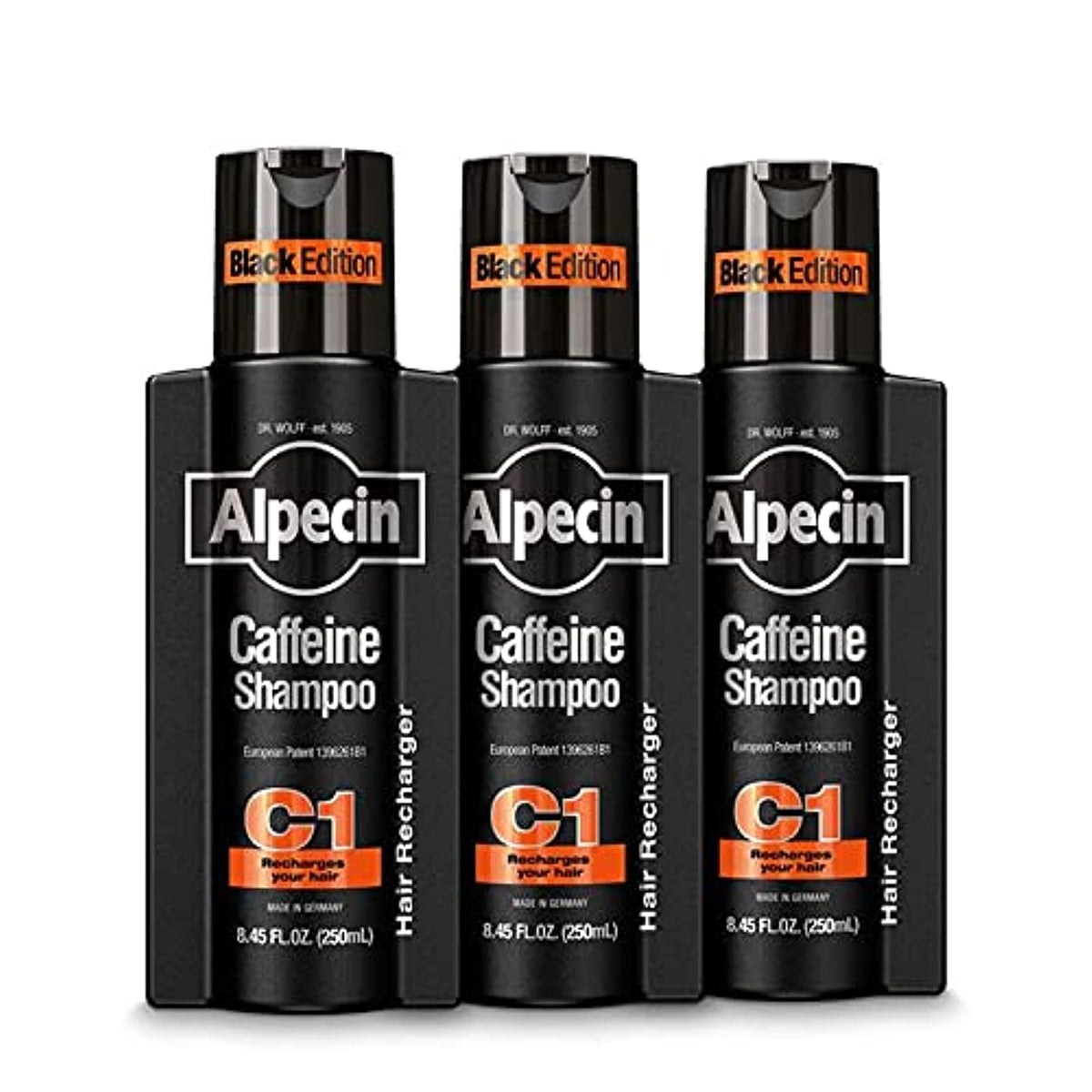 Alpecin Caffeine Shampoo C1 Black Edition bottle-front for energizing scalp care.