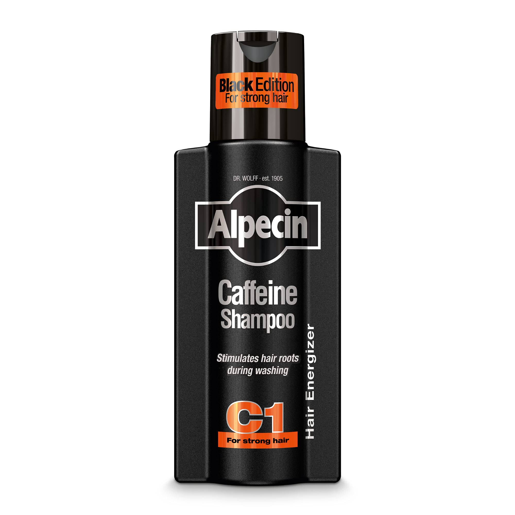 Alpecin Caffeine Shampoo C1 Black Edition bottle—scalp refreshment for energizing mornings.
