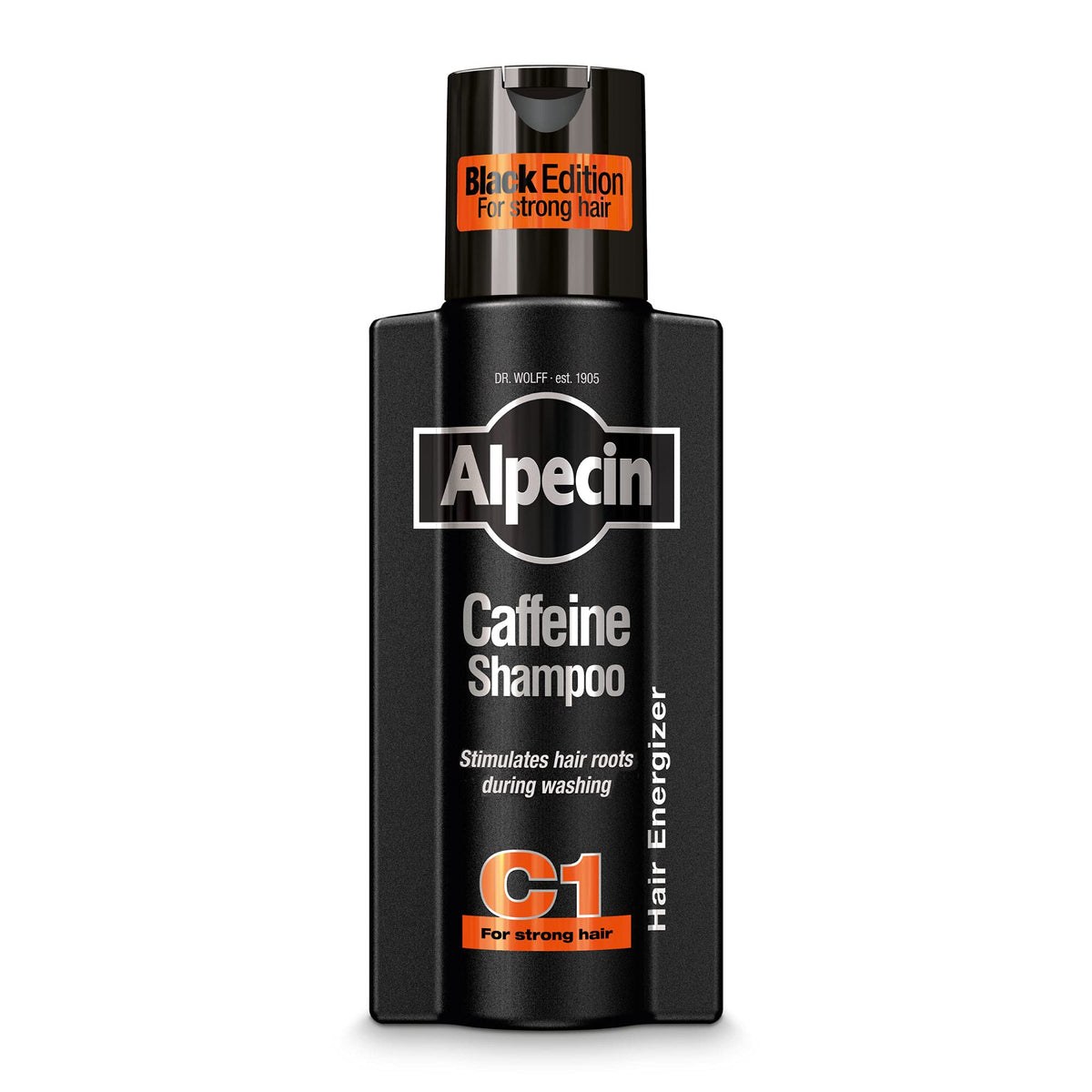 Alpecin Caffeine Shampoo C1 Black Edition bottle—scalp refreshment for energizing mornings.