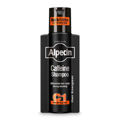 Alpecin Caffeine Shampoo C1 Black Edition bottle—scalp refreshment for energizing mornings.