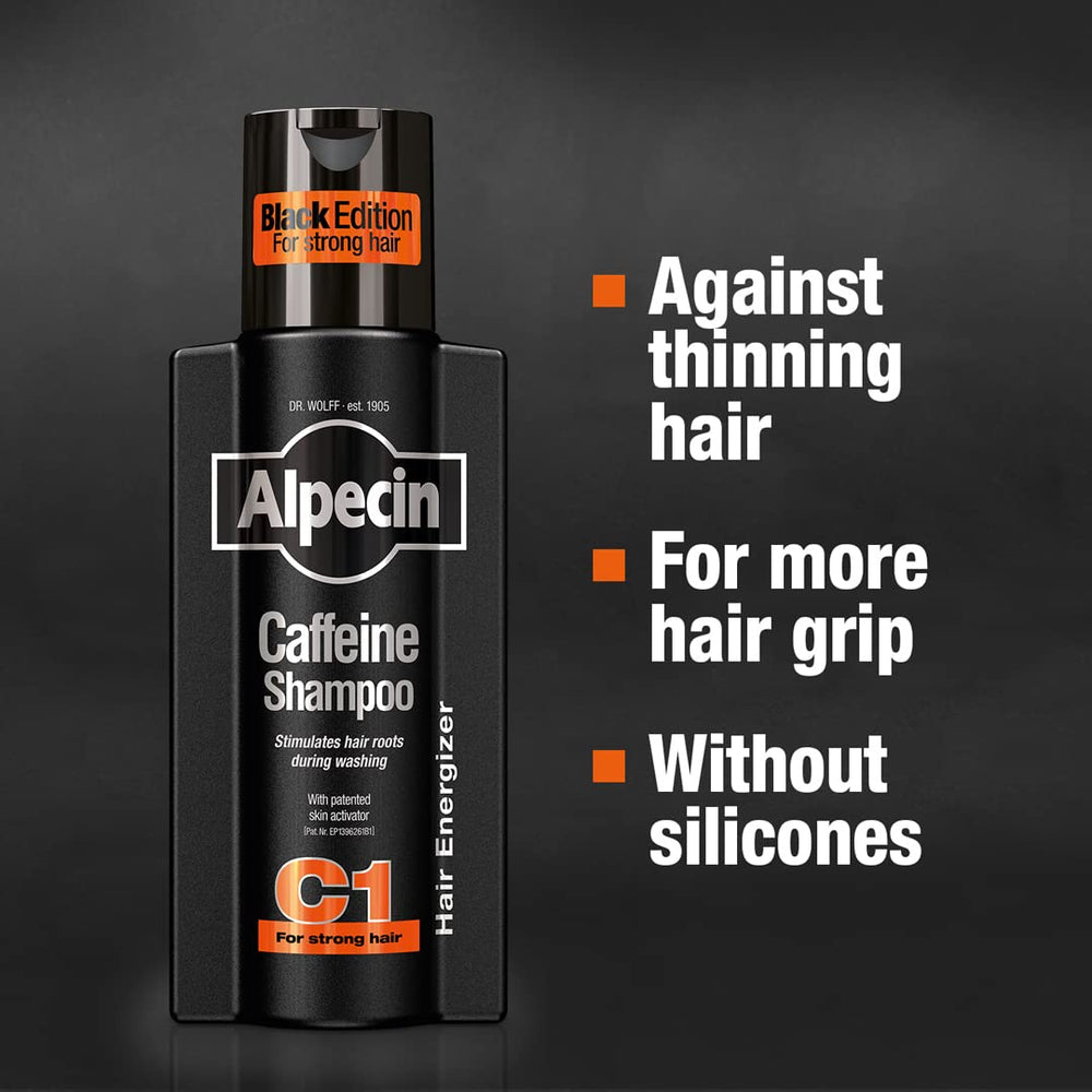 Alpecin Caffeine Shampoo C1 Black Edition label close-up—bold fragrance enhances daily grooming.