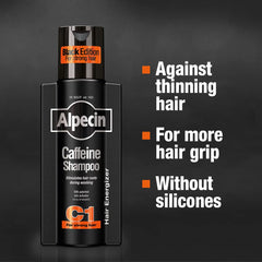 Alpecin Caffeine Shampoo C1 Black Edition label close-up—bold fragrance enhances daily grooming.