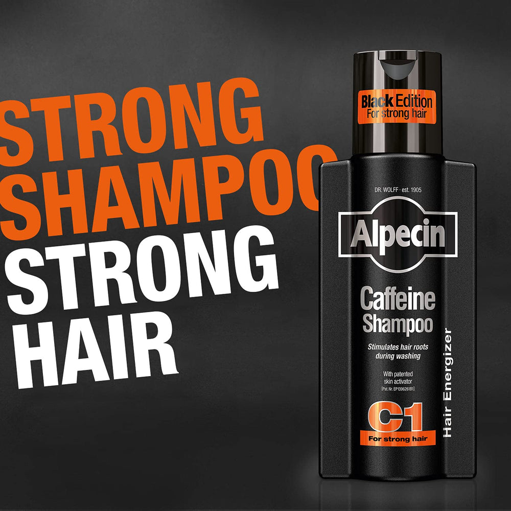 Alpecin Caffeine Shampoo C1 Black Edition packaging—compact design for travel.