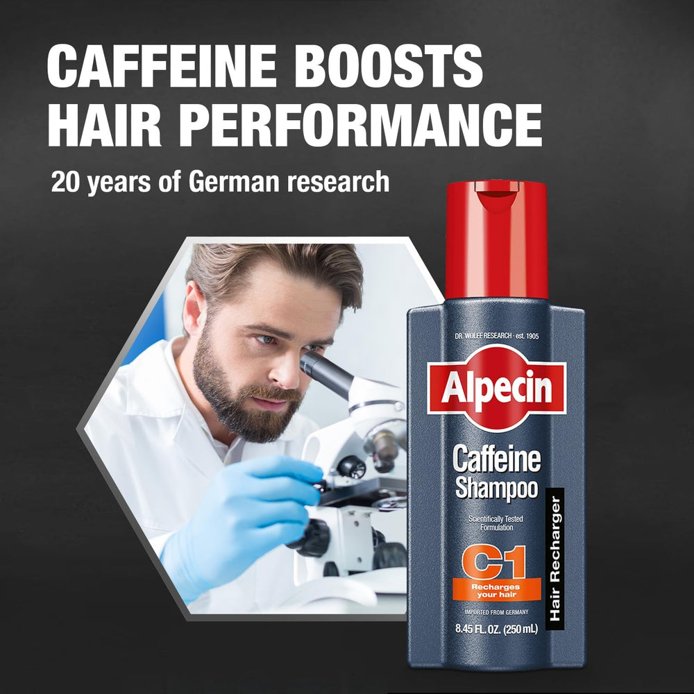 Alpecin Caffeine Shampoo lather closeup—prepares hair for styling with caffeine action.