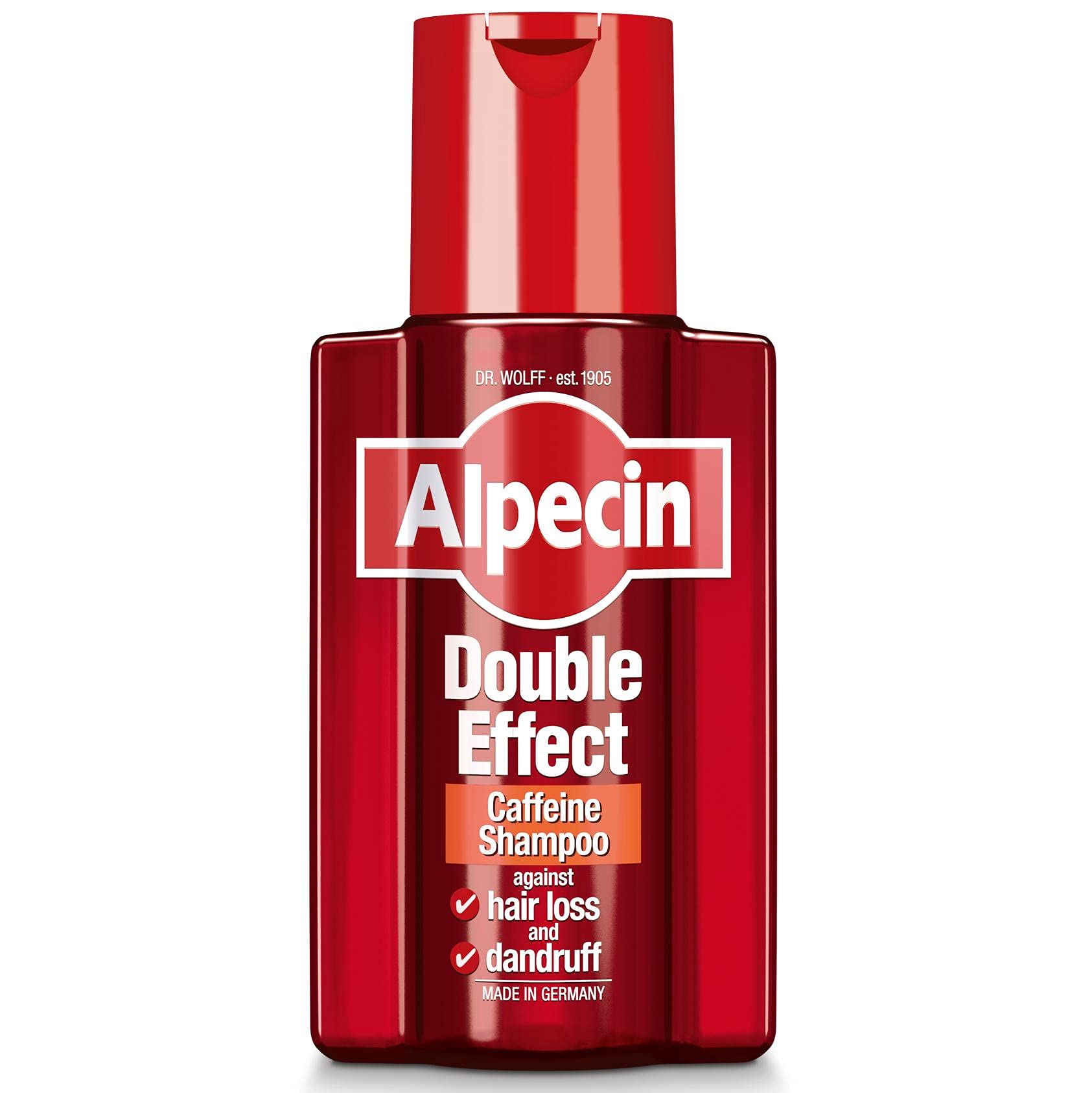 Alpecin Double Effect Shampoo bottle closeup for gentle dandruff care