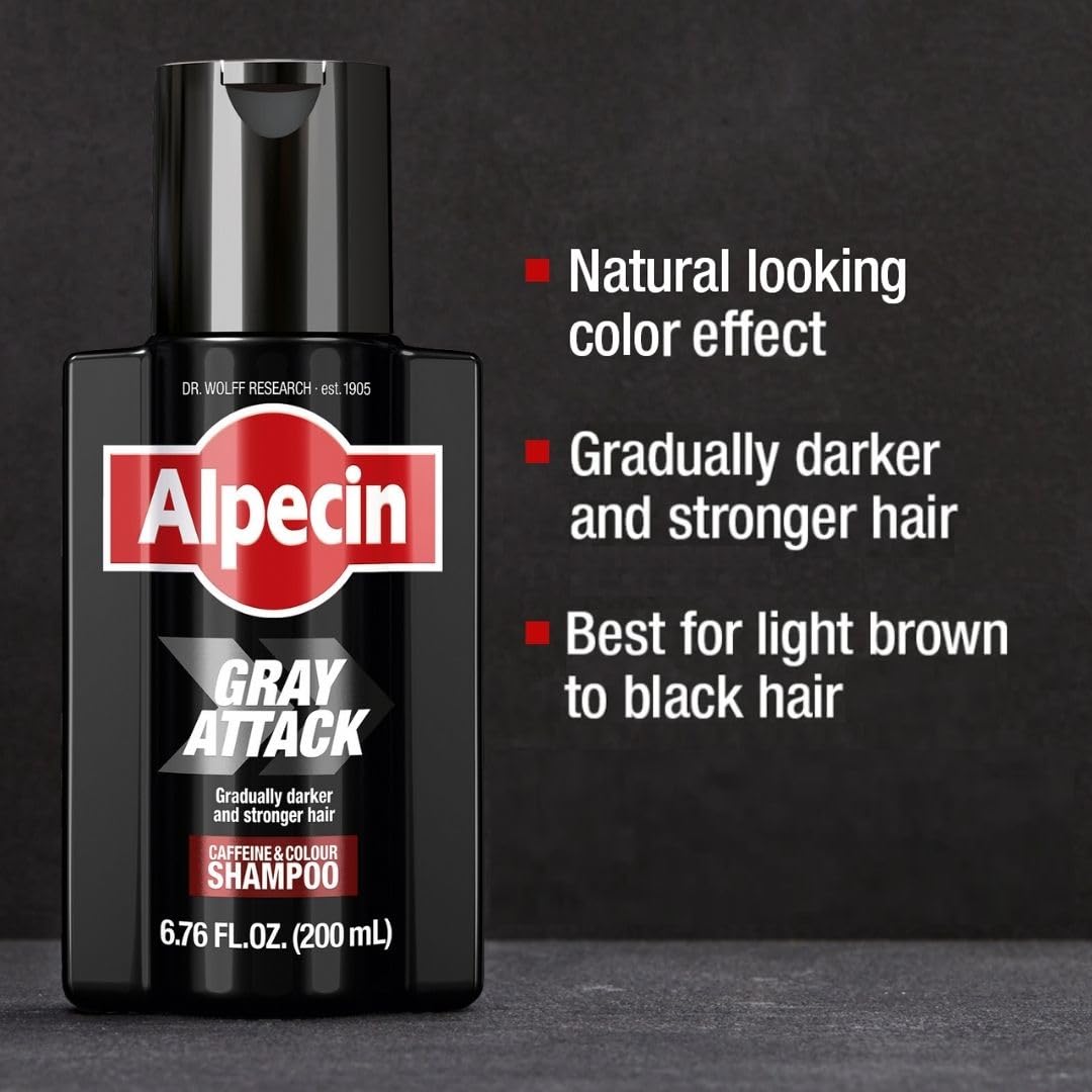 Alpecin Gray Attack before-after montage reveals gradual gray reduction and fuller look.