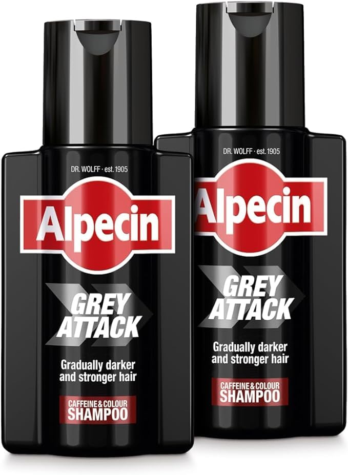 Alpecin Gray Attack bottle-pour demonstrates easy application for subtle gray coverage.