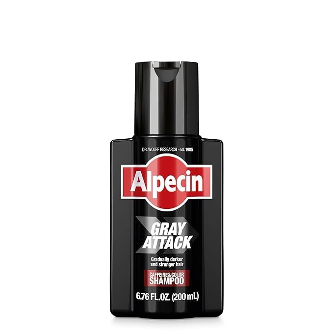 Alpecin Gray Attack foam application shows quick scalp coverage for natural shade.