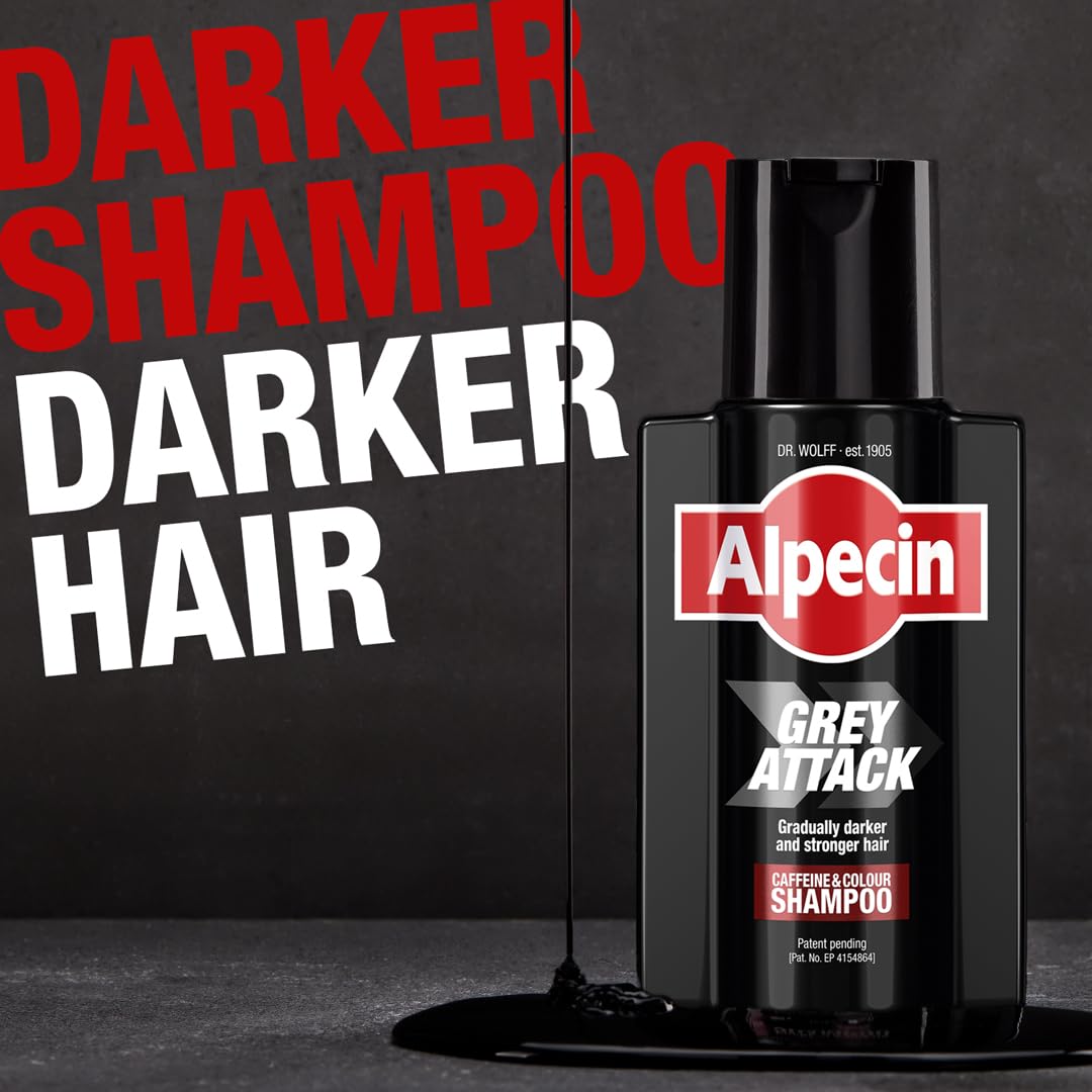 Alpecin Gray Attack packaging display showcases easy-to-use haircare solution.