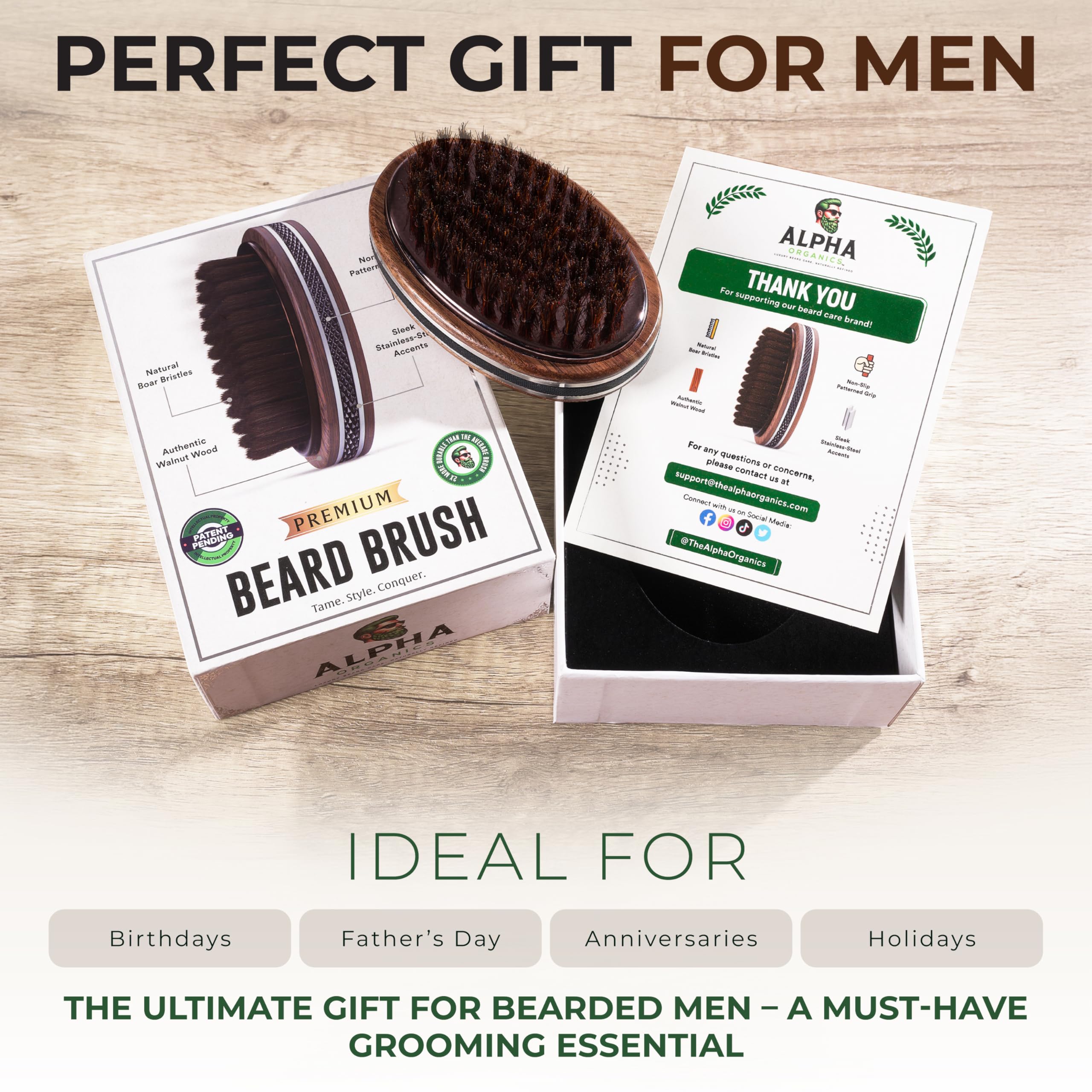 Alpha Organics in-use beard brush gliding through beard for daily grooming