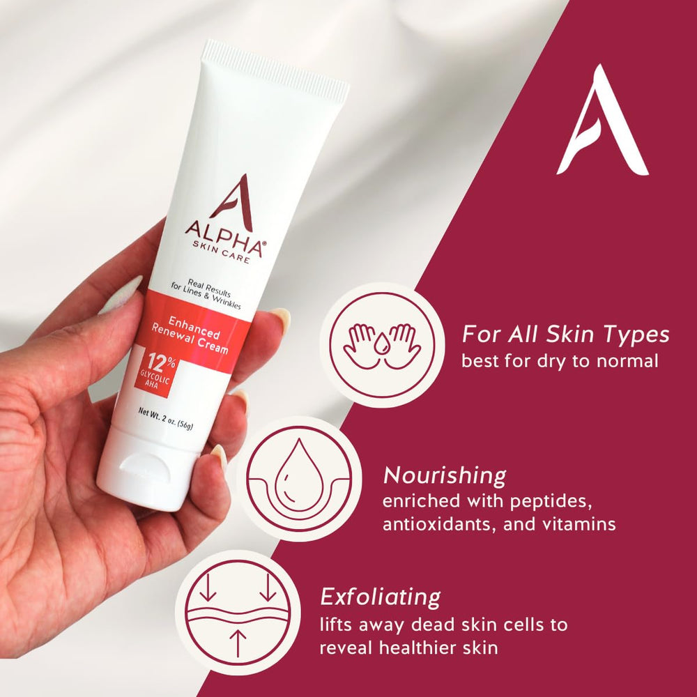 Alpha Skin Care Enhanced Renewal Cream jar close-up shows creamy texture for smoother skin.