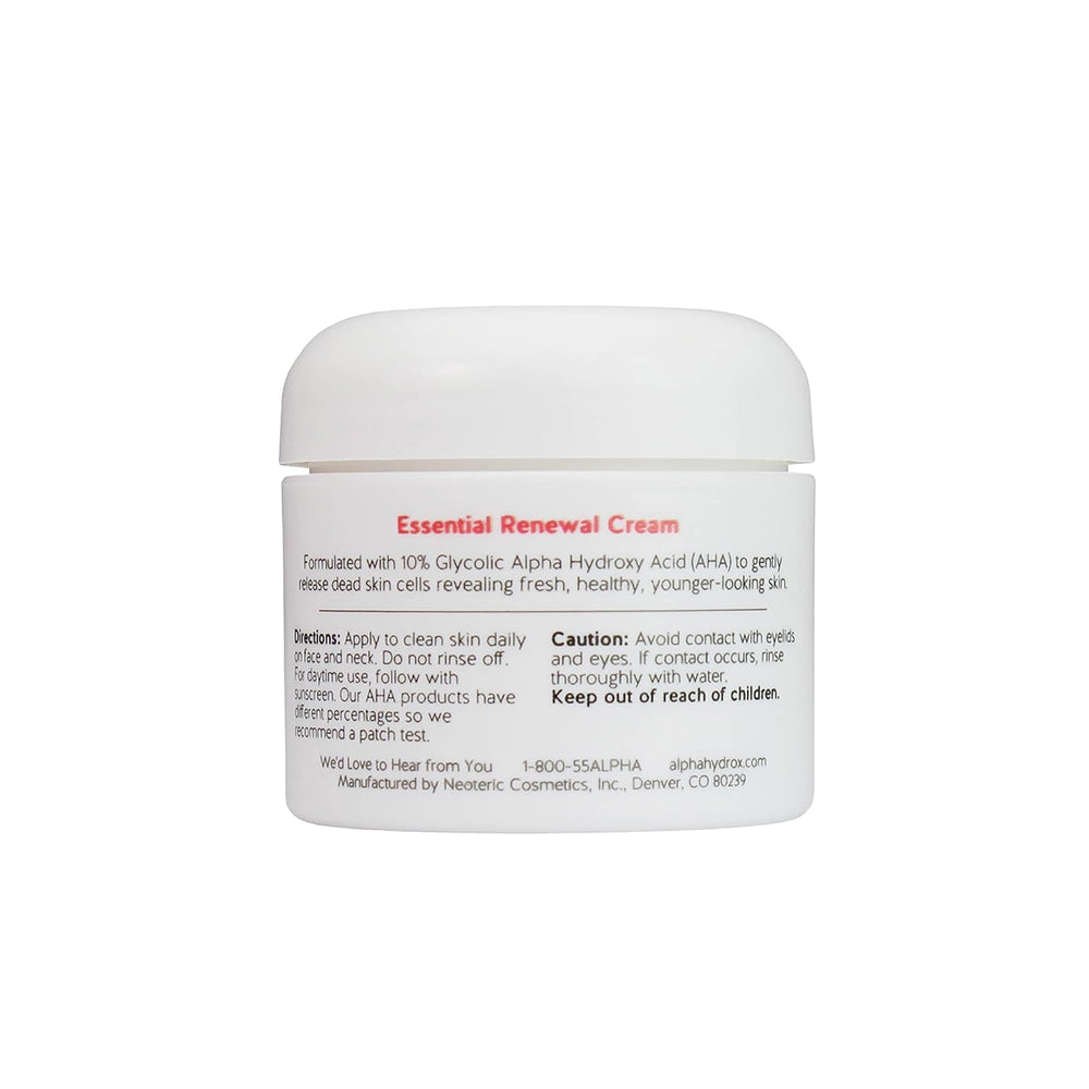 Alpha Skin Care Essential Renewal Cream applied to the face for daily renewal benefits.
