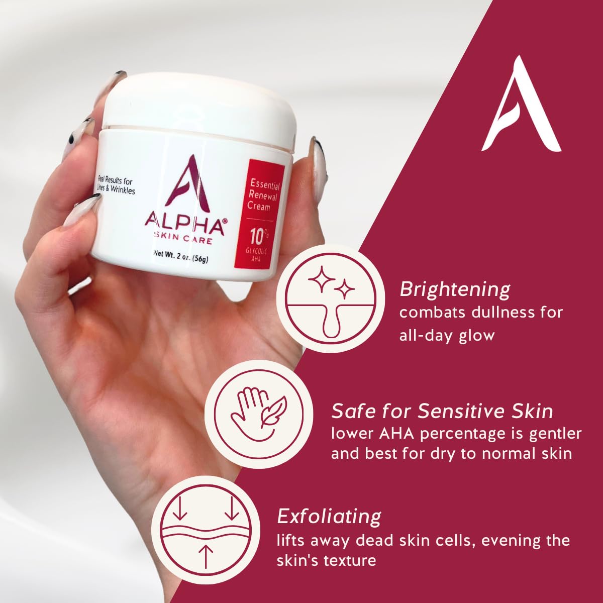 Alpha Skin Care Essential Renewal Cream bottle pour demonstrating easy, even application.