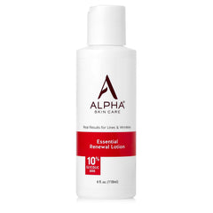 Alpha Skin Care Essential Renewal Lotion bottle, highlighting 10% glycolic AHA for smoother skin.