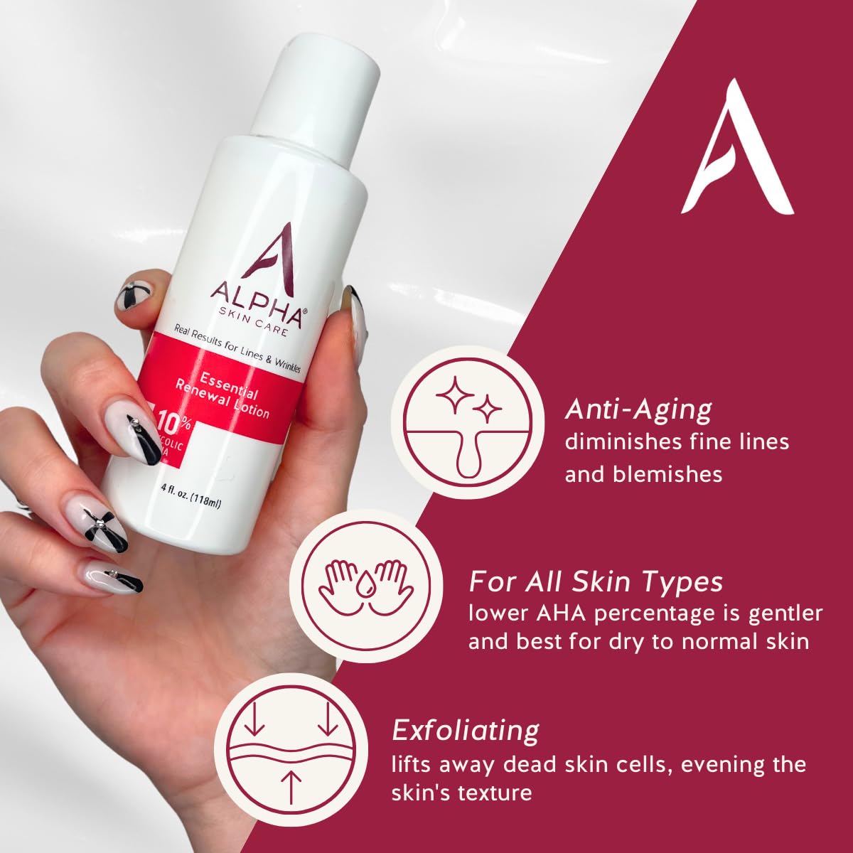 Alpha Skin Care Glycolic AHA exfoliation closeup demonstrates renewed skin surface.