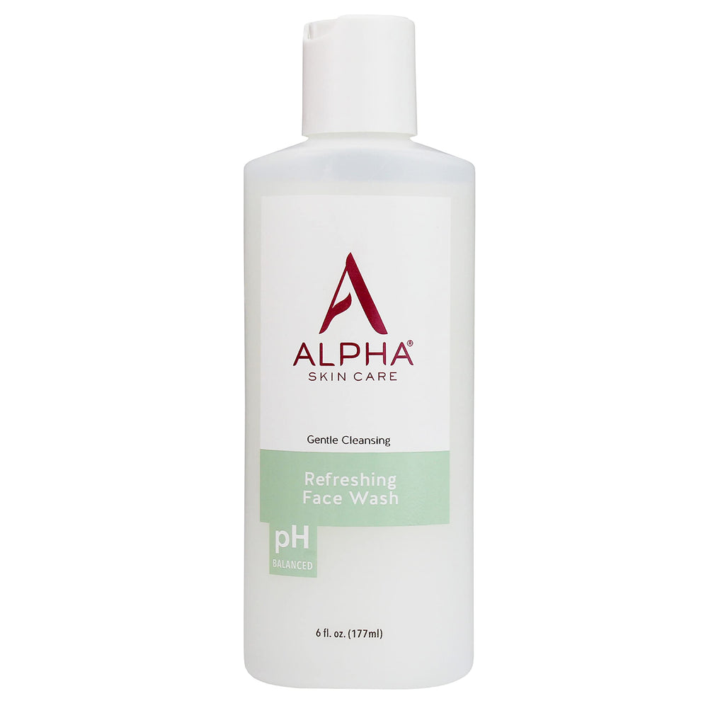 Alpha Skin Care Refreshing Face Wash bottle front for gentle cleanse and makeup removal.