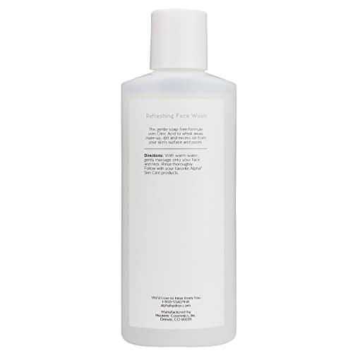 Alpha Skin Care Refreshing Face Wash foam close-up highlights soap-free cleanse.