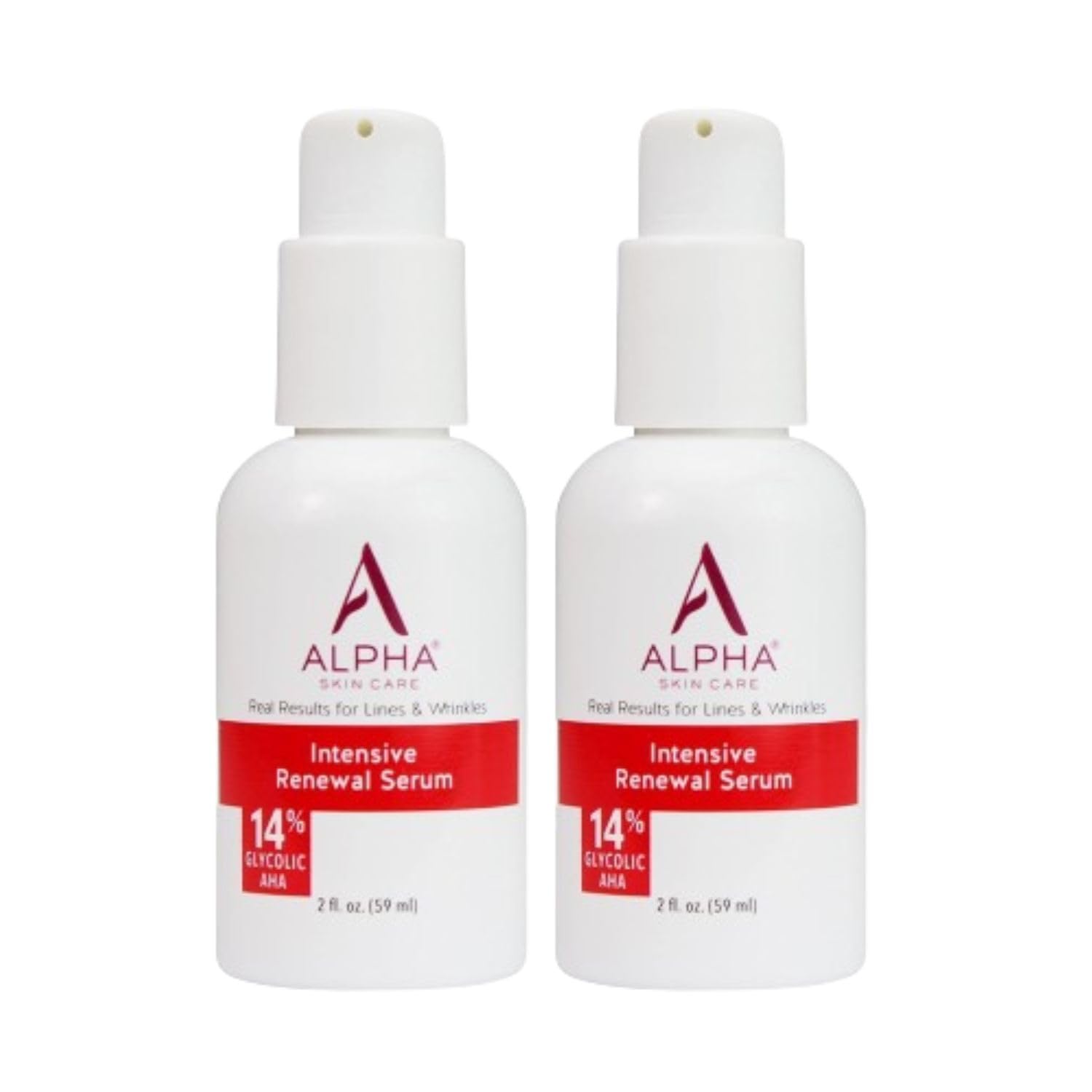 Alpha Skin Care Renewal Serum bottle close-up shows glycolic AHA for smoother skin