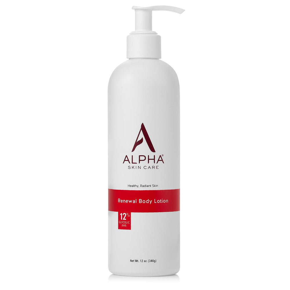 Alpha Skin Care Revitalizing Body Lotion bottle showcases glycolic AHA for daily hydration and exfoliation