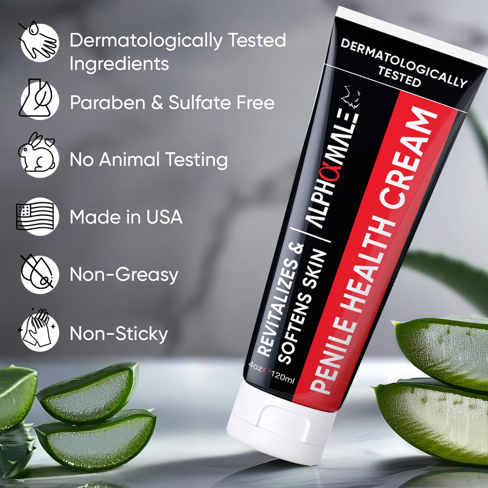AlphaMale Premium Penile Health Cream dermatologist-tested, paraben-free—reassurance for sensitive skin.